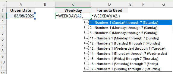 WEEKDAY Function example screenshot